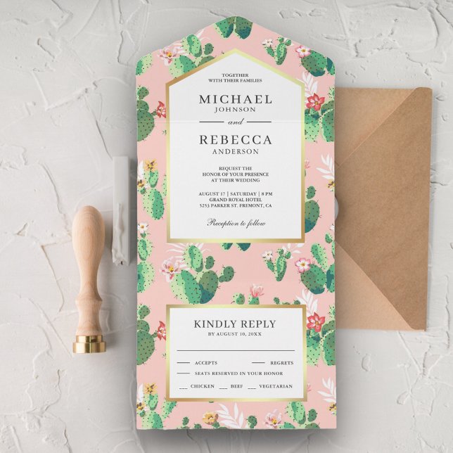 Cute Blush Pink Cactus Floral Wedding All In One Invitation (Creator Uploaded)