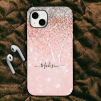 Cute blush pink faux silver glitter monogram