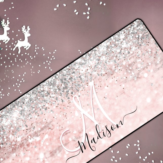 Cute blush pink faux silver glitter monogram desk mat (Creator Uploaded)