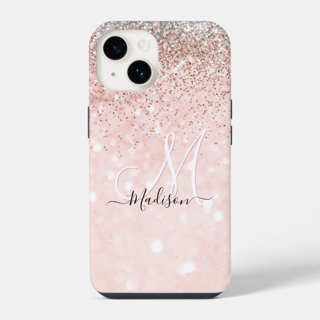Cute blush pink faux silver glitter monogram iPhone case (Back)
