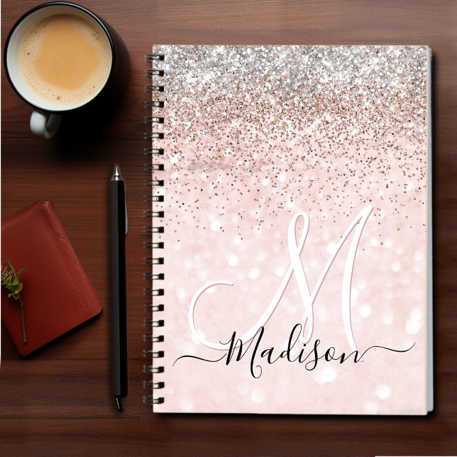 Cute blush pink faux silver glitter monogram notebook (Creator Uploaded)