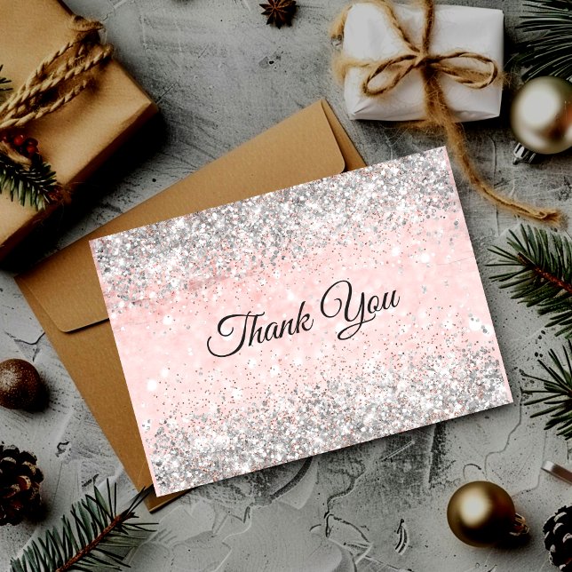 Cute blush pink faux silver glitter monogram thank you card (Creator Uploaded)