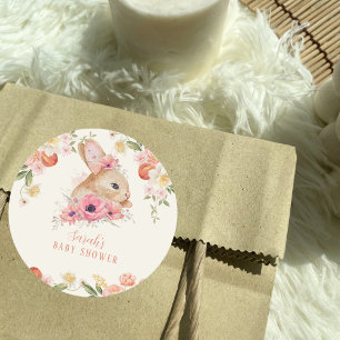 Cute Blush Pink Floral Bunny Baby Shower  Classic Round Sticker