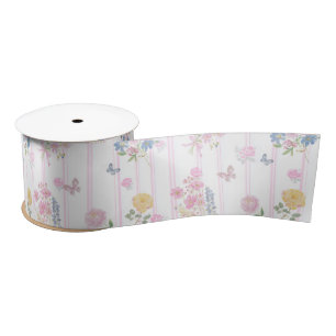 Cute Blush Pink Floral Butterfly Satin Ribbon