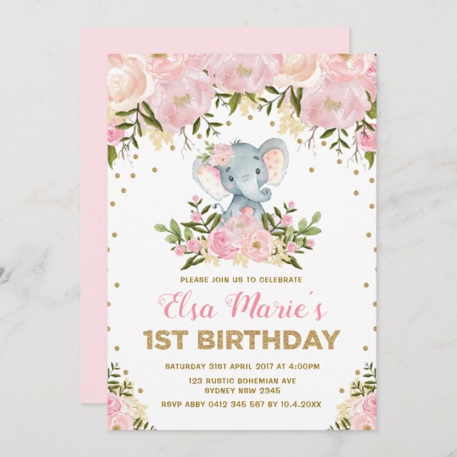 Cute Blush Pink Floral Elephant 1st Birthday Party Invitation (Front/Back)