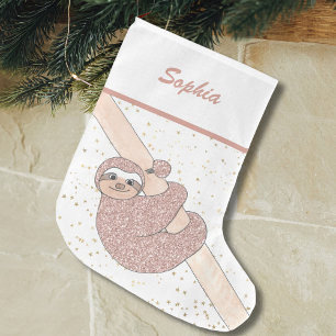 Cute Blush Pink Glitter Sloth Name Large Christmas Stocking
