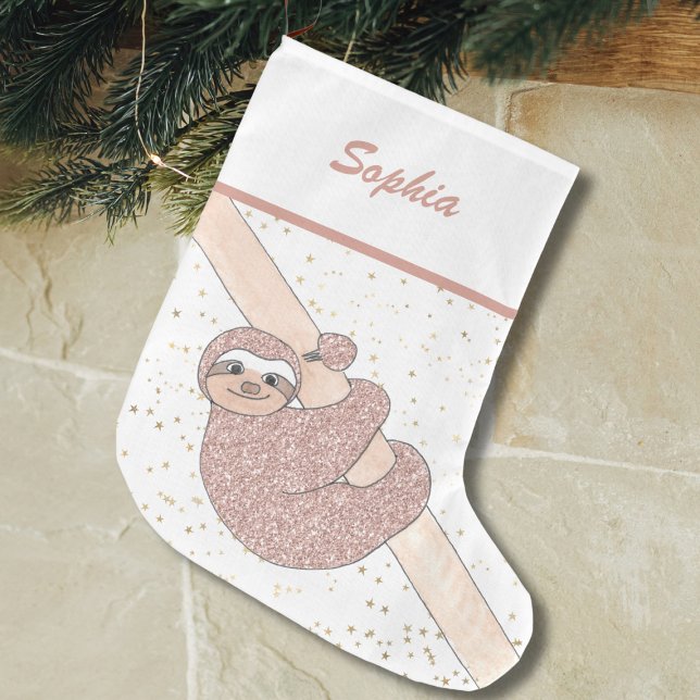 Cute Blush Pink Glitter Sloth Name Large Christmas Stocking (Creator Uploaded)