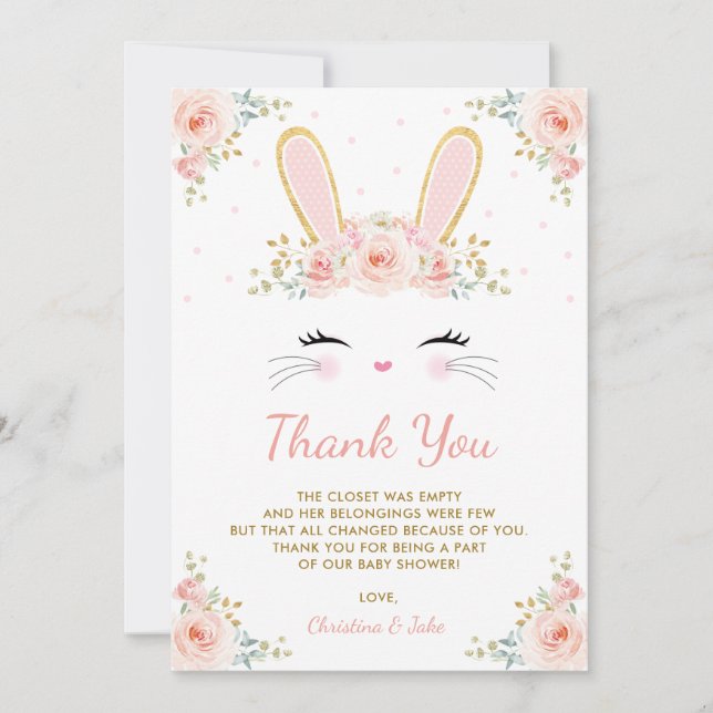 Cute Blush Pink Gold Bunny Rabbit Baby Shower Thank You Card (Front)