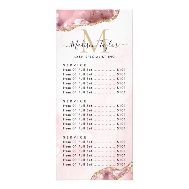 Cute Blush Pink Gold Glitter Agate Marble Monogram Rack Card (Front)