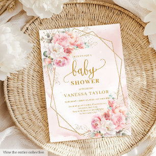 Cute blush pink gold glitter floral baby shower invitation