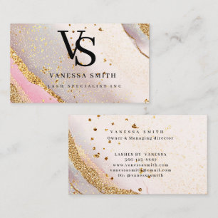 Cute Blush Pink Gold Glitter Marble Agate Monogram Business Card