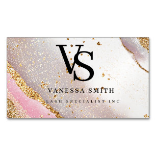 Cute Blush Pink Gold Glitter Marble Agate Monogram Magnetic Business Card