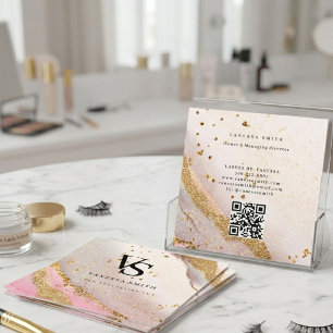 Cute Blush Pink Gold Glitter Marble Agate Monogram Square Business Card