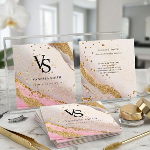 Cute Blush Pink Gold Glitter Marble Agate Monogram Square Business Card