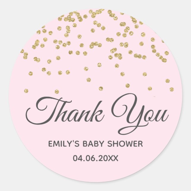 Cute Blush Pink Gold Glitter Thank You Baby Shower Classic Round Sticker (Front)