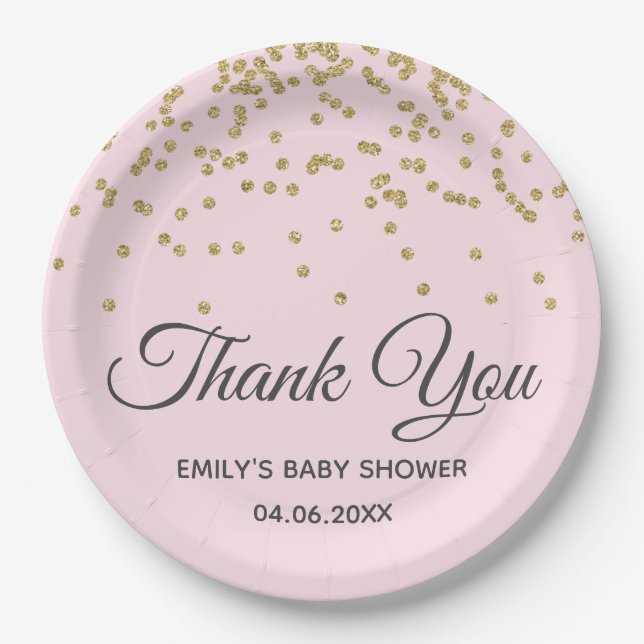 Cute Blush Pink Gold Glitter Thank You Baby Shower Paper Plate (Front)