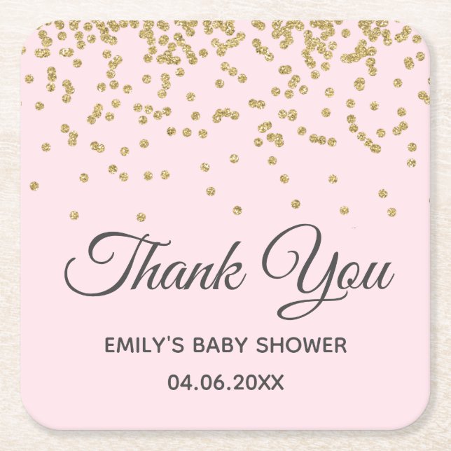 Cute Blush Pink Gold Glitter Thank You Baby Shower Square Paper Coaster (Front)