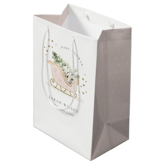 Cute Blush Pink Gold Winter Sleigh Baby Shower Medium Gift Bag (Back Angled)