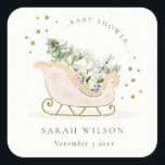 Cute Blush Pink Gold Winter Sleigh Baby Shower Square Sticker<br><div class="desc">Sleigh Winter Theme Collection.- it's a cute pastel watercolor Illustration of Aqua Blush Pink sleigh filled with Christmas pine tree, gifts and winter berries with classy gold star frame and snowfall in the background. Perfect for your little ones winter birthday party. It’s very easy to customise, with your personal details....</div>