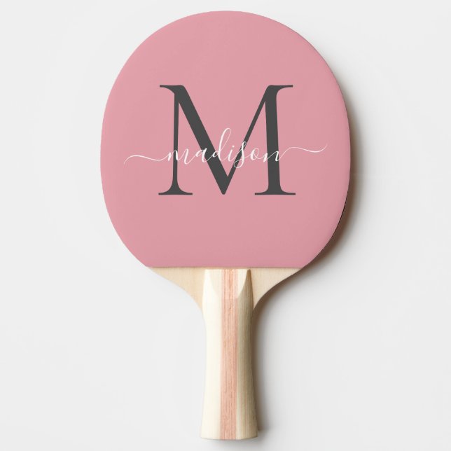 Cute Blush Pink Grey Monogram Elegant Script Name Ping Pong Paddle (Front)