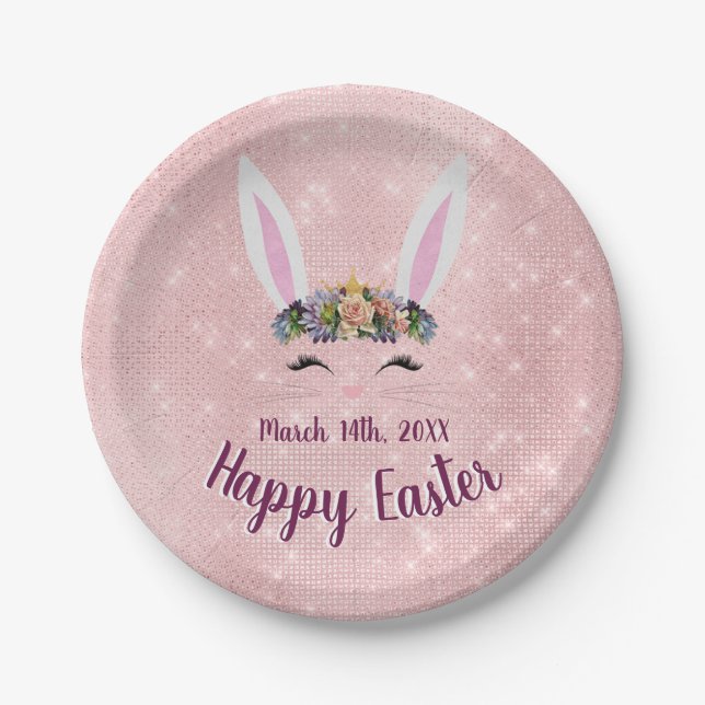 Cute Blush Pink Happy Easter Bunny Paper Plate (Front)