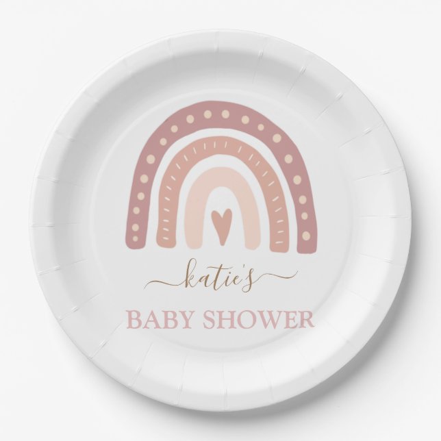 Cute Blush Pink Rainbow Girl Baby Shower Paper Plate (Front)