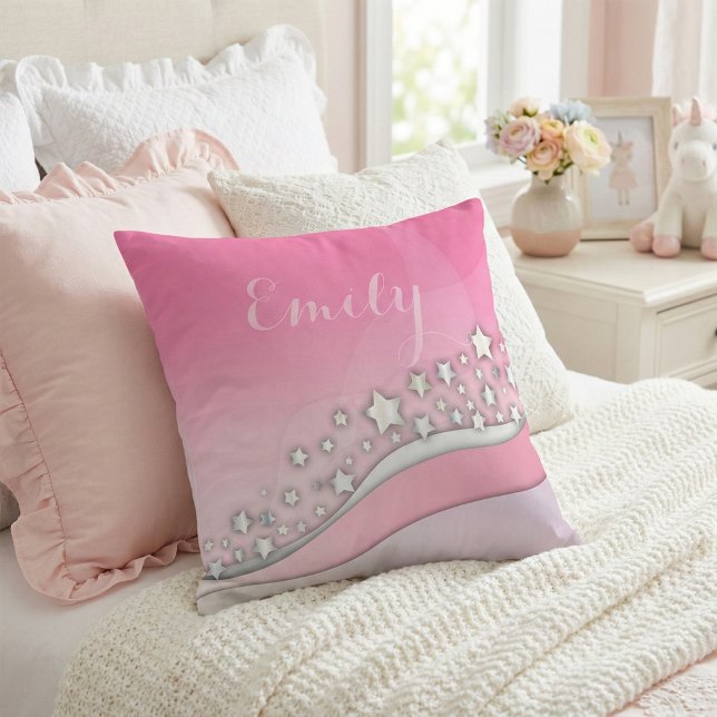 Cute Blush Pink & Silver Stars Dreamy Girl Name Cushion (Creator Uploaded)
