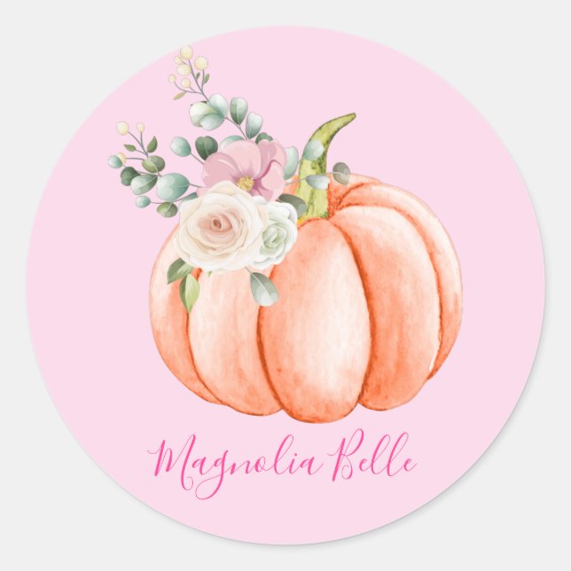 Cute Blush Pink Spring Floral Little Pumpkin Name Classic Round Sticker (Front)