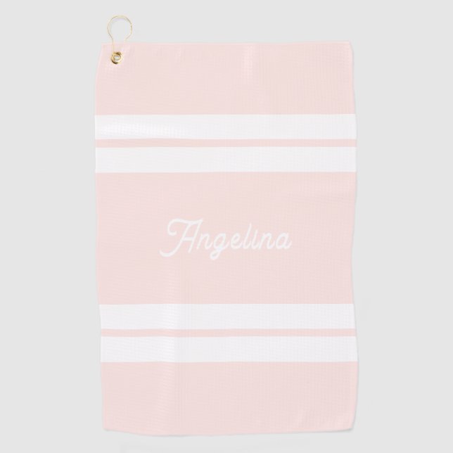 Cute Blush Pink Stripes Pattern Personalised Golf Towel (Front)