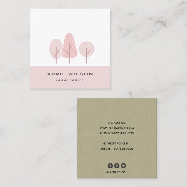 CUTE BLUSH PINK TREE TRIO LANDSCAPING SERVICE SQUARE BUSINESS CARD (Front/Back)