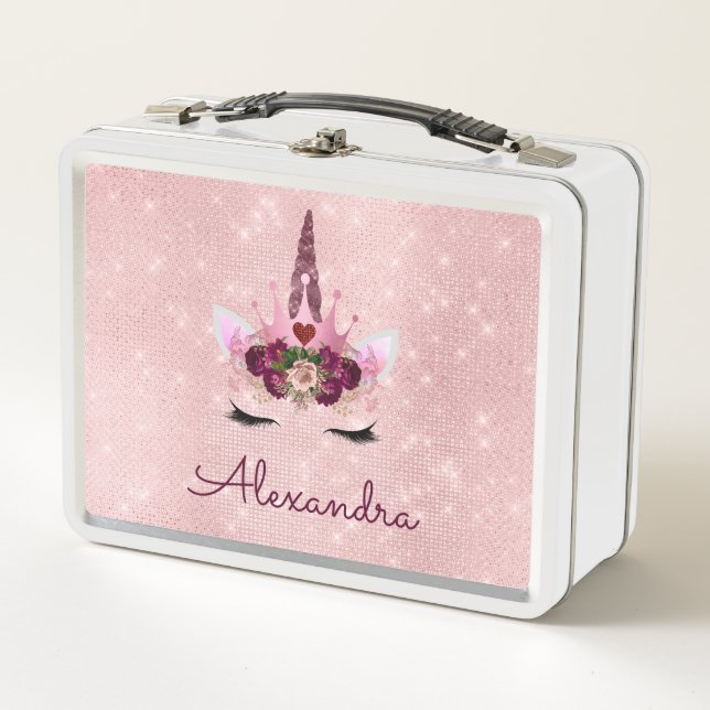 Cute Blush Pink Unicorn Monogram School Metal Lunch Box (Front)