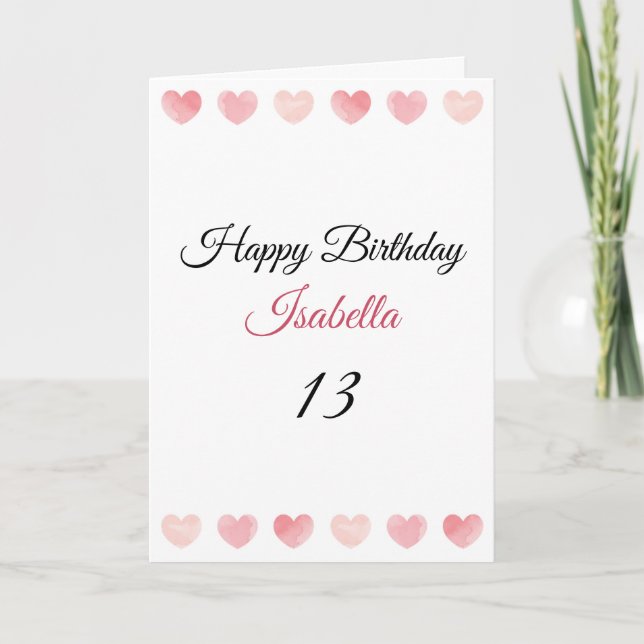 Cute Blush Pink Watercolor Set Heart 13th Birthday Card (Front)