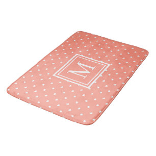 Cute Blush Pink & White Polka Dot Heart Pattern   Bath Mat