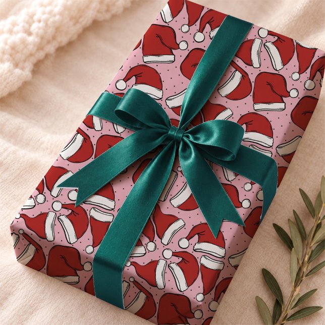 Cute Blush Rose Retro Santa Hat Pattern Wrapping Paper (Creator Uploaded)