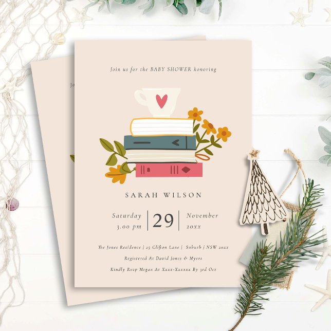 Cute Blush Stacked Books Floral Baby Shower Invite (Creator Uploaded)