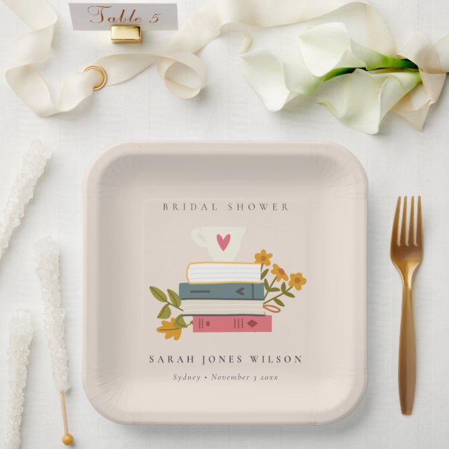 Cute Blush Stacked Storybooks Floral Bridal Shower Paper Plate (Wedding)
