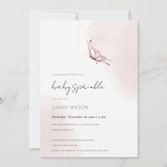 Cute Blush Watercolor Butterfly Baby Shower Invita Invitation (Front)
