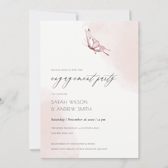 CUTE BLUSH WATERCOLOR BUTTERFLY ENGAGEMENT INVITE (Front)