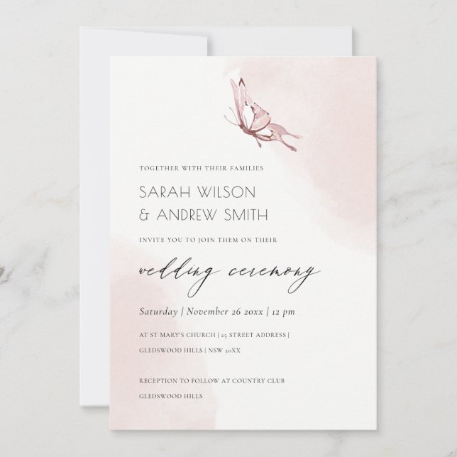 CUTE BLUSH WATERCOLOR BUTTERFLY WEDDING INVITE (Front)