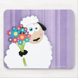 Cute Blushing Sheep Holding Flowers Novelty Mouse Pad