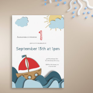 Cute Boat with Red Sails First Birthday Invitation