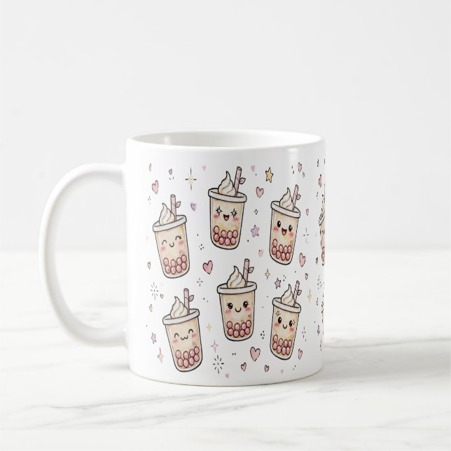 Cute Boba Tea Pattern – Kawaii Bubble Tea Hearts & Coffee Mug (Left)