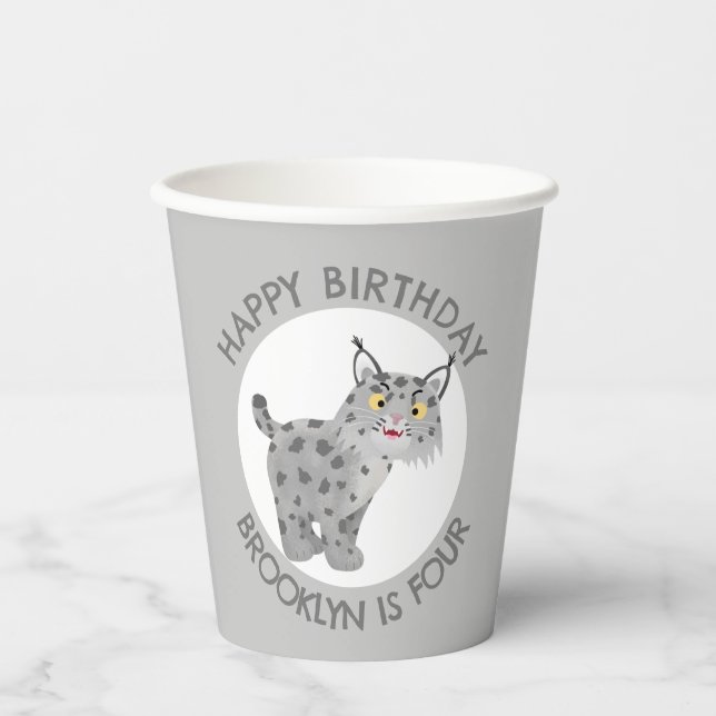 Cute bobcat lynx cartoon personalised birthday paper cups (Front)