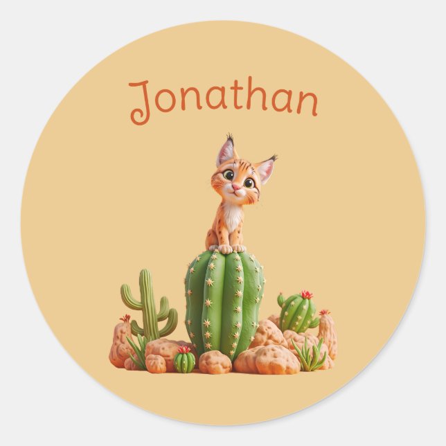 Cute Bobcat on cactus Classic Round Sticker (Front)