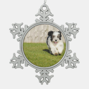 Cute Bobtail Sheepdog Snowflake Pewter Christmas Ornament