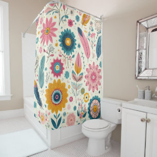 Cute Bohemian Flowers Feathers Print Shower Curtain