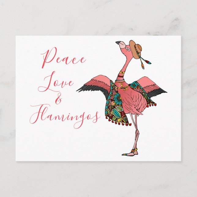 Cute Bohemian Peace Love and Flamingos Postcard (Front)