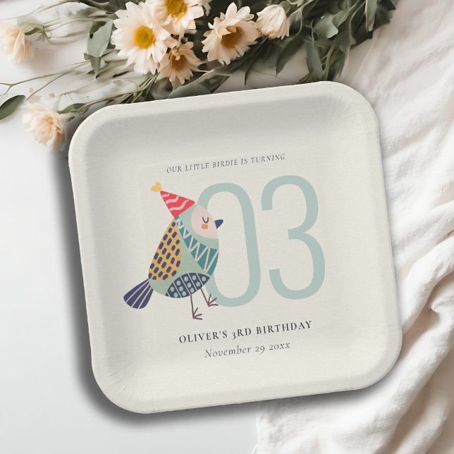 Cute Boho Aqua Blue Birdie Any Age Birthday Paper Plate (Creator Uploaded)