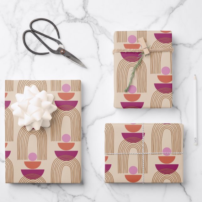 Cute Boho Arch Line Shapes in Fuchsia and Gold Wrapping Paper Sheet (Front)
