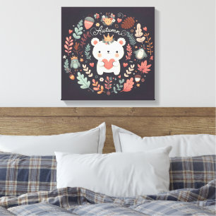 Cute Boho Autumn Bear wreath Wall Decal Canvas Print